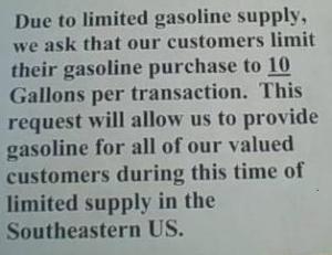 This sign was posted at each pump at the Kangaroo Gas Station in Elon, N.C. While the station asked customers to limit themselves to 10 gallons, many did not