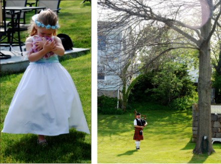 The beautiful flower girl and the muscial accompaniment, a tribute to the bride's scottish heritage.  
